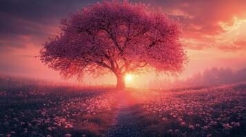 Cherry blossom tree stands majestically at sunset in a vibrant meadow with flowers photo