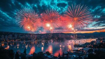 Fireworks display over calm lake at sunset creates a stunning visual spectacle photo