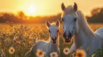 Majestic horse and foal in a golden field during sunset photo