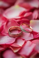 Elegant wedding rings placed on soft rose petals in a romantic setting photo