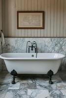Elegant bathroom design featuring modern bathtub and stylish lighting in a serene setting photo