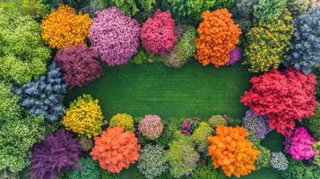 Vibrant spring garden filled with blooming trees and shrubs in various colors photo
