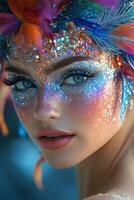 Vibrant and colorful face art with intricate headdress and stunning makeup details photo