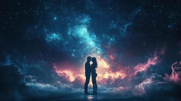 Romantic couple silhouette against a starry sky and glowing background at night photo