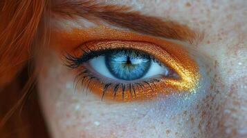 Bright blue eye with intricate makeup showcasing artistic expression and vibrant colors photo