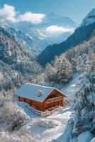 Cozy wooden cabin surrounded by snow covered trees during twilight photo