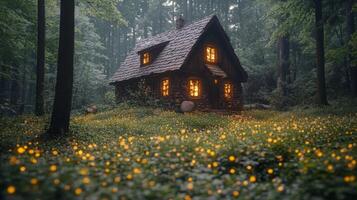 Enchanted forest cottage illuminated by warm lights in a magical evening setting photo