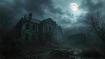 Mysterious old mansion by the lake during sunset with eerie reflections photo