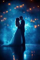 Silhouette of a couple embracing under the full moon in a misty atmosphere photo
