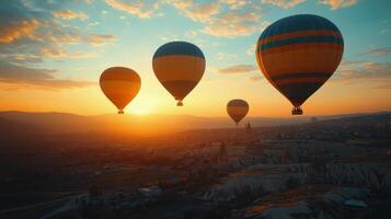 Hot air balloons float over a picturesque valley during sunrise in Cappadocia, Turkey photo