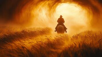 Riding into the sunset through golden fields with a horse at dusk photo