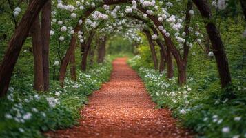 Serene pathway through a blooming forest with white flowers and lush greenery photo