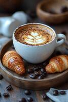 Warm cup of coffee with croissants and coffee beans on rustic wooden table photo