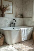 Elegant bathroom design featuring modern bathtub and stylish lighting in a serene setting photo
