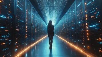 Woman walking through illuminated data center corridor with blue and orange lights photo