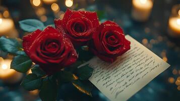 Romantic setting with red roses and a handwritten letter on a bed of green leaves photo