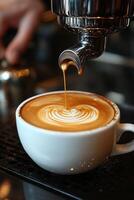 Beautiful latte art served in a teal ceramic cup with a heart design photo