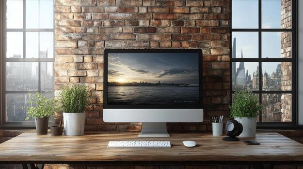Modern home office with wooden desk and plants in a cozy workspace setting photo