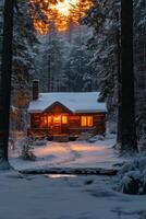 Cozy wooden cabin surrounded by snow covered trees during twilight photo