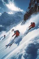 Skiers navigating snowy slopes with majestic mountains in the background on a bright day photo