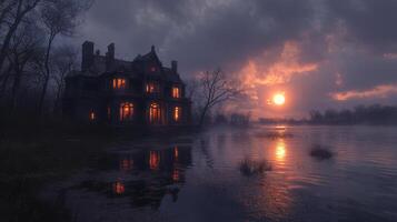 Mysterious old mansion by the lake during sunset with eerie reflections photo