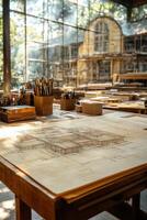 Creative workspace filled with tools and architectural sketches in a bright studio photo