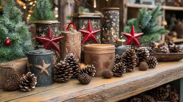 Decorative holiday gifts with pine cones and ribbons set on a wooden surface photo