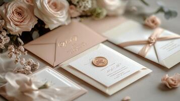 Elegant wedding invitation alongside a bouquet of white flowers on a wooden table photo