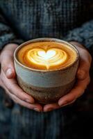 Beautiful latte art served in a teal ceramic cup with a heart design photo