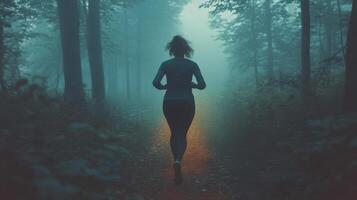 Woman jogging along a forest path surrounded by lush greenery and autumn foliage photo