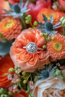 Stunning engagement ring surrounded by romantic floral arrangements in soft hues photo