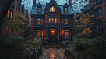 Victorian mansion glowing in twilight with surrounded gardens and autumn leaves photo
