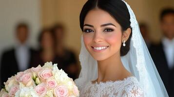 Beautiful bride holding a lush bouquet in a vibrant flower field during golden hour photo