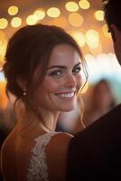 Couple celebrates their wedding reception with intimate dance in soft lighting atmosphere photo