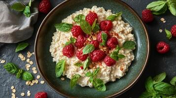 Oatmeal topped with fresh raspberries and basil in a stylish bowl on a dark surface photo