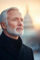 Confident man gazing at the Capitol building during sunset in Washington DC photo