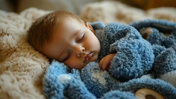 Baby peacefully sleeping in cozy colorful blanket and hat photo