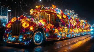 Colorful parade float adorned with vibrant flowers and lights during nighttime celebration photo