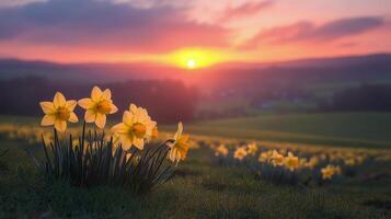 Beautiful sunset over a field of blooming daffodils with a lone tree in the foreground photo
