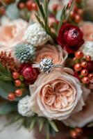 Stunning engagement ring surrounded by romantic floral arrangements in soft hues photo