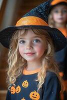 Young girl in witch costume celebrating Halloween with pumpkins and decorations photo