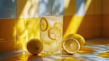 Refreshing lemon beverage on a sunny kitchen counter with bright yellow tiles photo