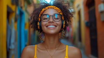 Smiling young woman enjoying music in vibrant urban alleyway photo