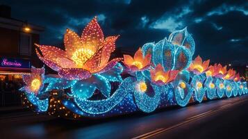 Colorful parade float adorned with vibrant flowers and lights during nighttime celebration photo