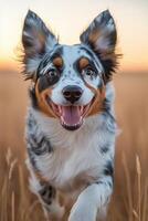 Happy dog jumping through colorful flowers during golden hour in a vibrant garden photo