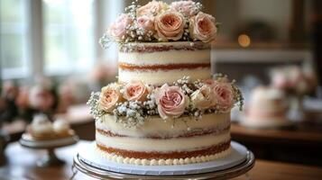 Elegant cake with floral decorations displayed in a cozy bakery during afternoon hours photo