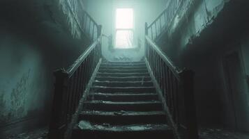 Dark and eerie staircase in an abandoned building with a bright window above photo