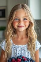 Smiling girl holding fresh berries in a bright kitchen during sunny afternoon photo