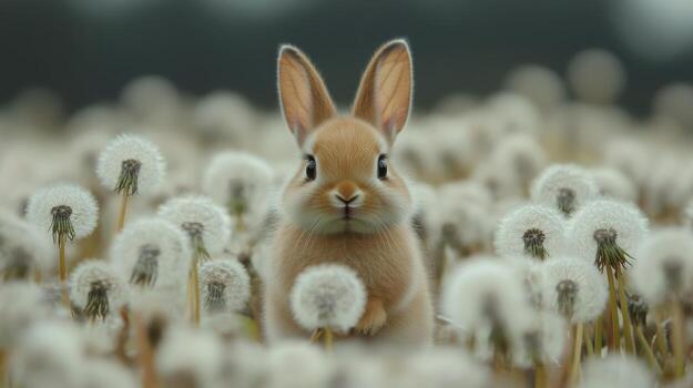 Rabbit enjoying a peaceful moment among dandelions in a lush field during springtime photo