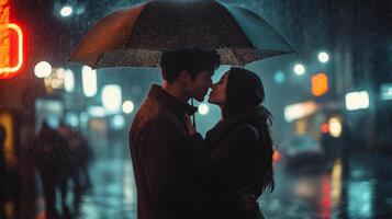 Couple sharing a romantic moment under an umbrella in the rain photo